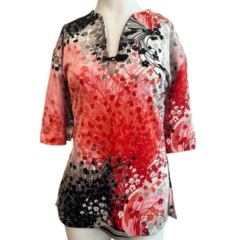 Ladies Medium Pink Black Floral Kimono Top Bodycon Custom Blouse 3/4 Sleeve USA